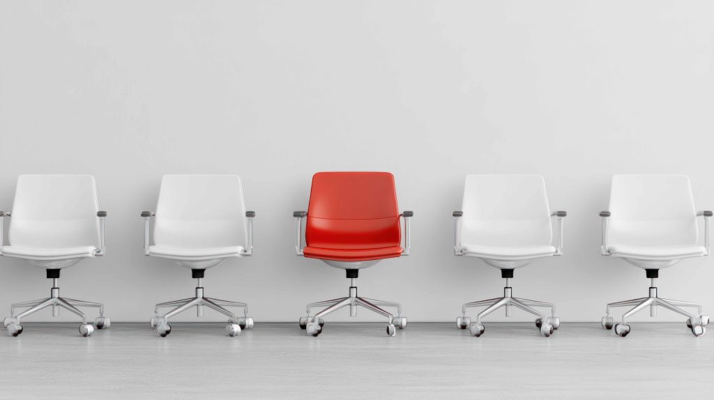 A row of white and red chairs